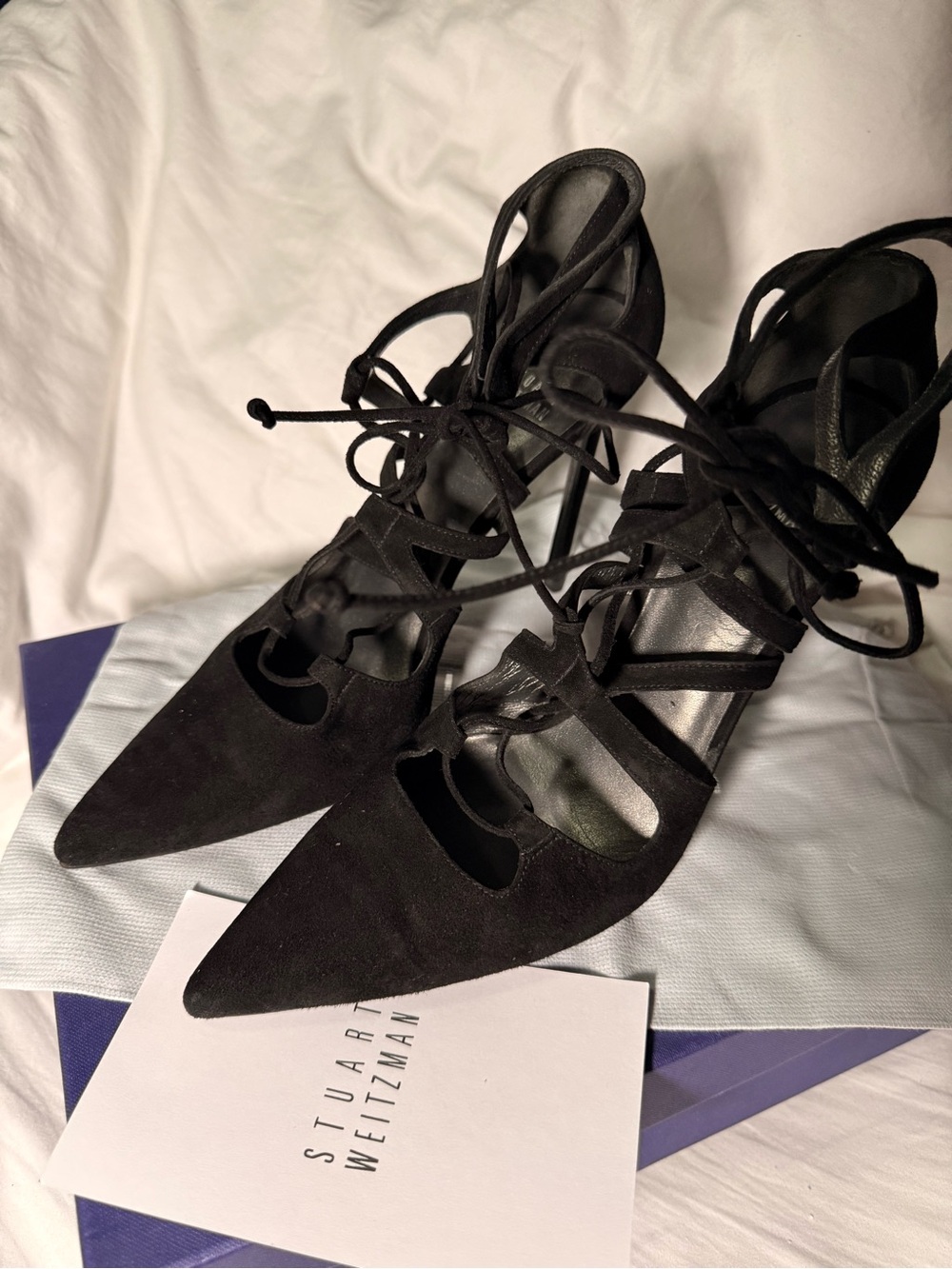 Stuart Weitzman Black Suede Lace-Up Pointed Pumps